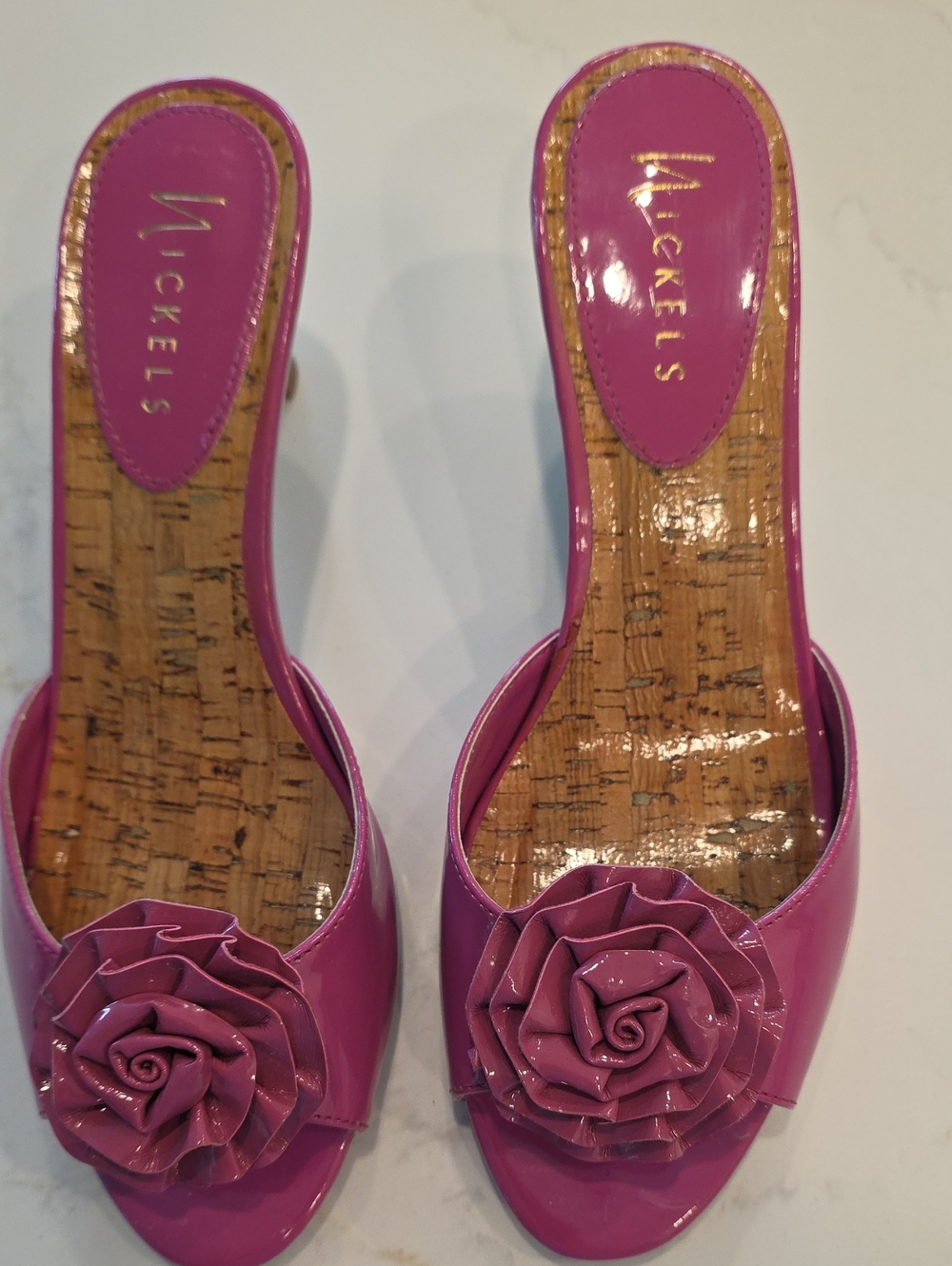 Nickels Women's Hot Pink Patent Slide Mules with Rose Accent. Worn Once.